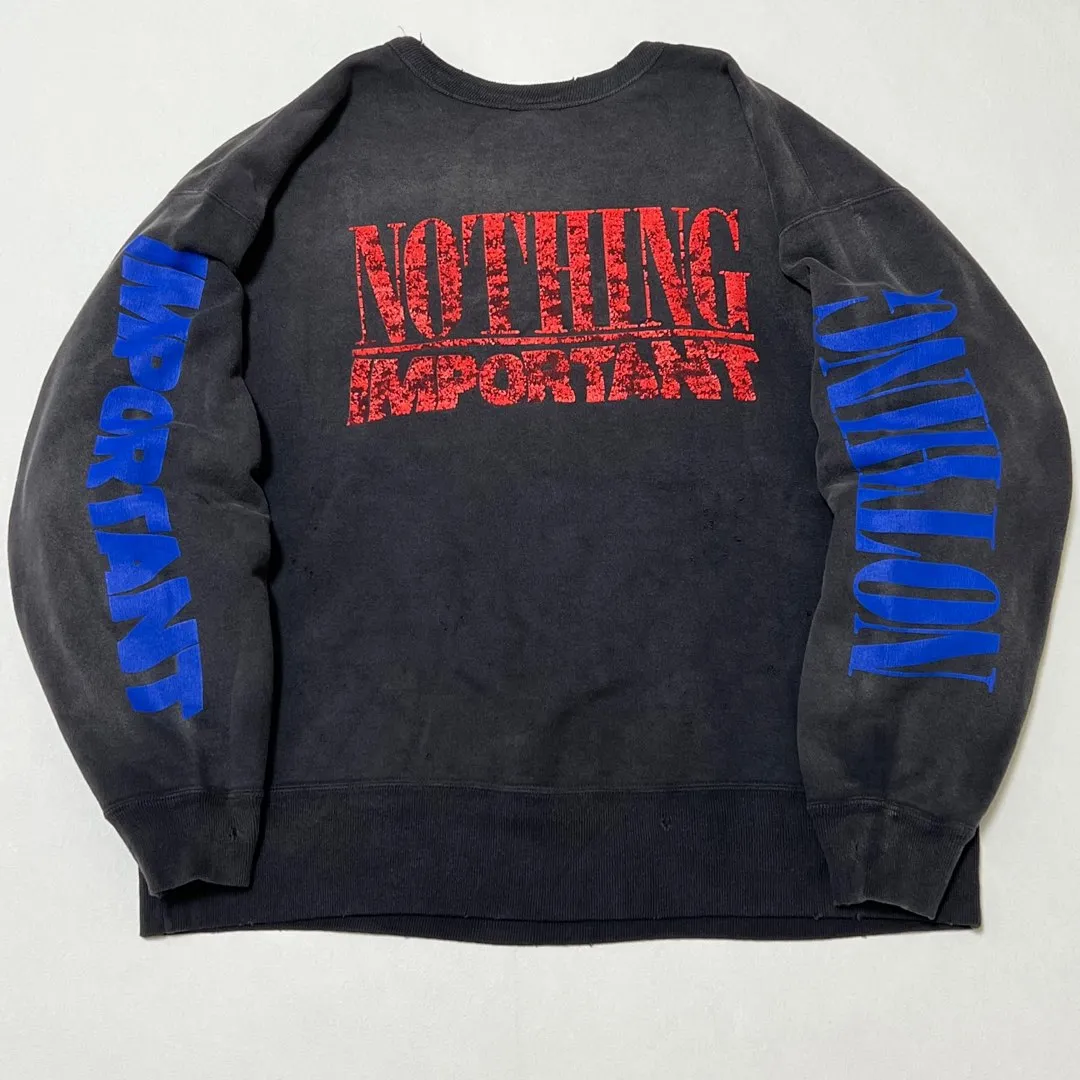 SAINT Mxxxxxx × Kosuke Kawamura KK_CRW SWT/NOTHNG IMP/BLK joint model Holy Infant Tadpole retro distressed sweatshirt, washed black S-XL Assute dyeing, genuine whole garment sprayed with horsetail fading process, collar/cuffs frayed in many places, front and rear panels/sleeves super complicated hanging grinding, heavy washing and distressing, correct fruit mark/angel mark